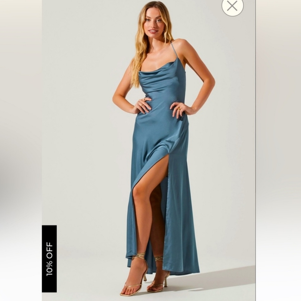 ASTR the label blue cowl neck maxi slit bridesmaid dress